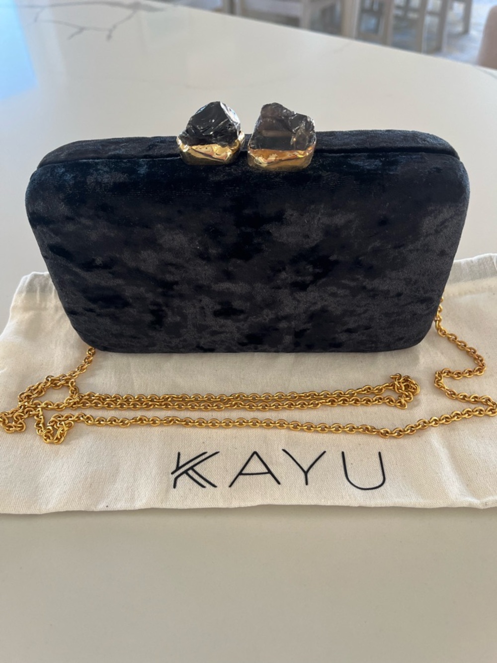 KAYU Black Crushed Velvet Clutch Crossbody Shoulder Bag w/ Raw Stone Agate Clasp